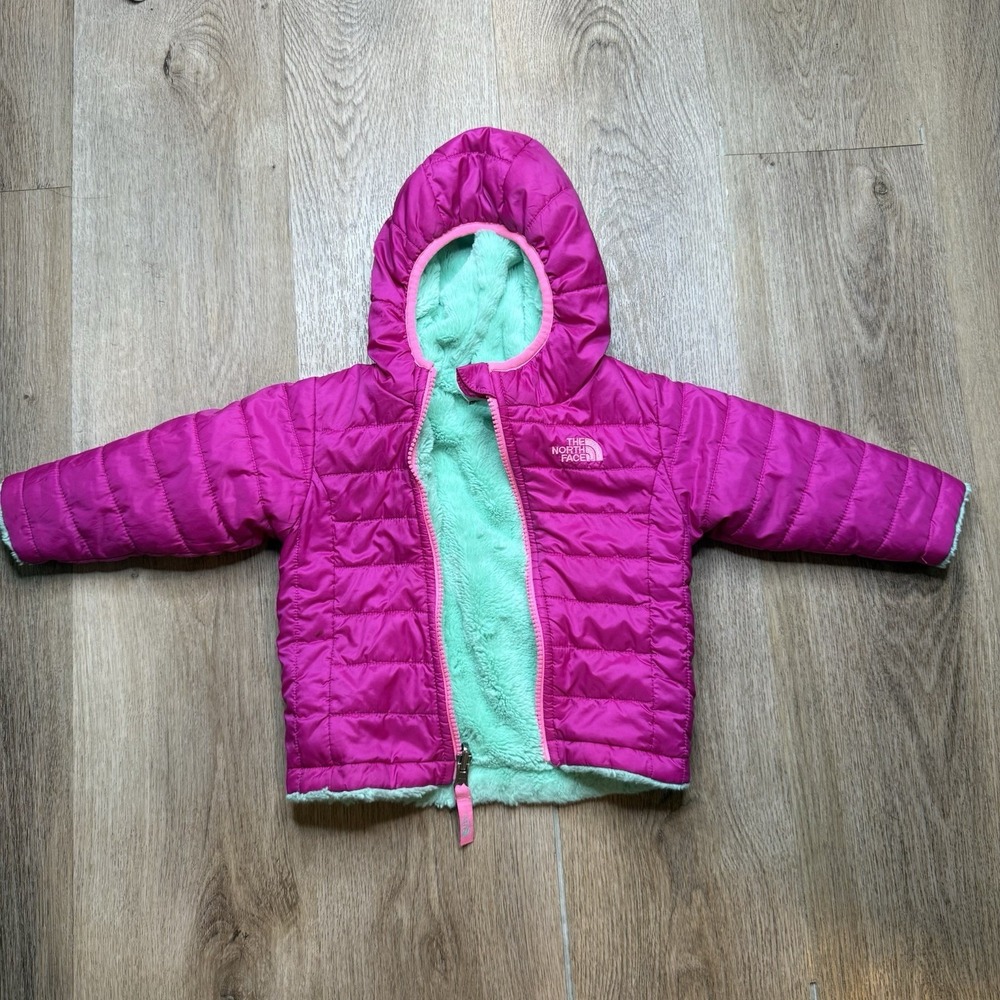 The North Face Toddler Reversible Puffer Jacket Pink Mint Print Hooded 3T
